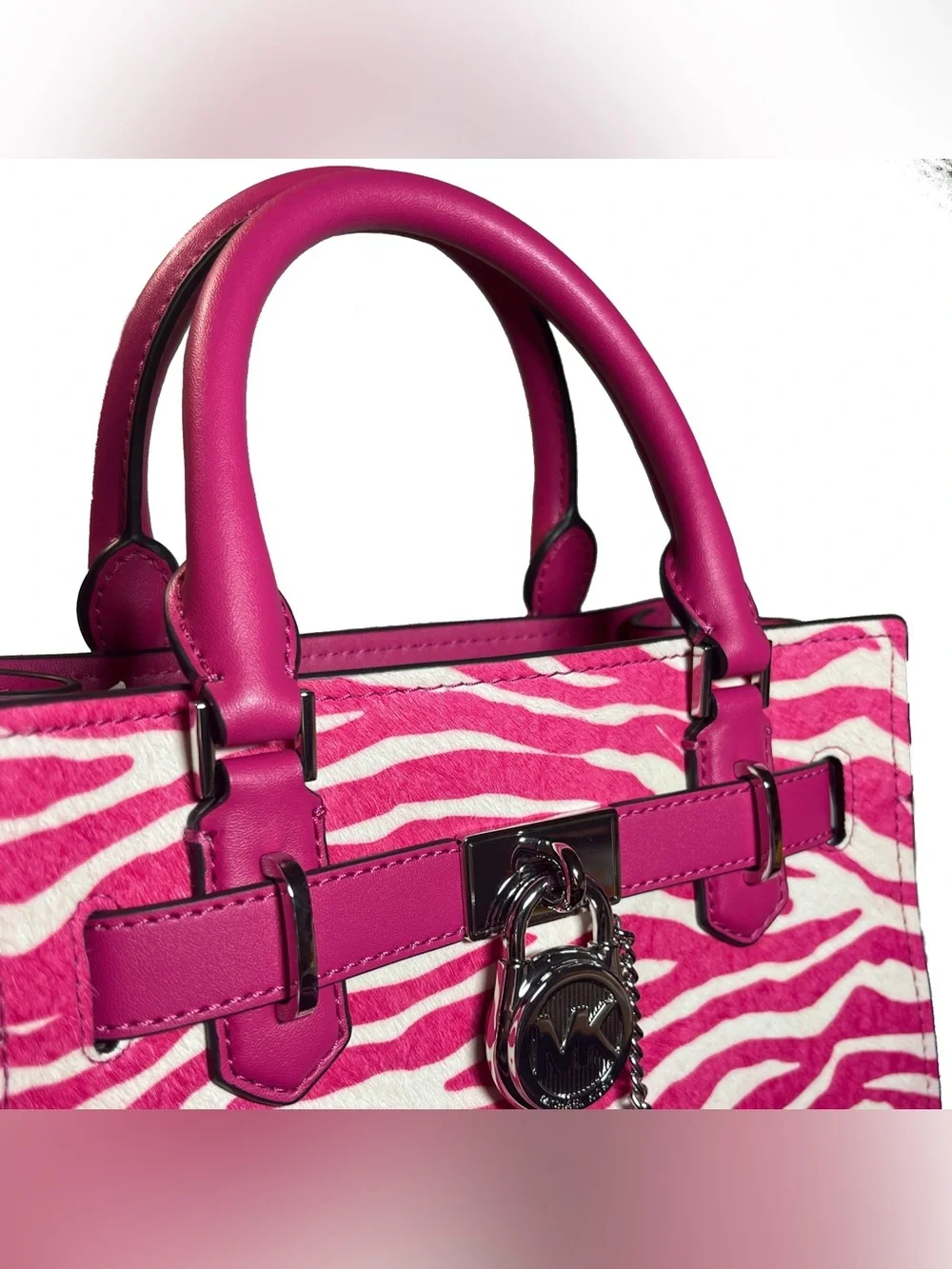 Michael Kors Small Hamilton Satchel Dragonfruit Pink Zebra Calf Hair Leather